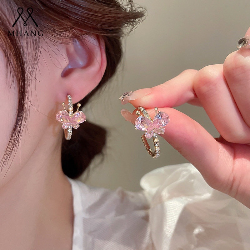 Mhang Anting Tusuk Silver S925 Bentuk C Desain Kupu-Kupu Hias Zircon Pink Gaya Korea Untuk Wanita