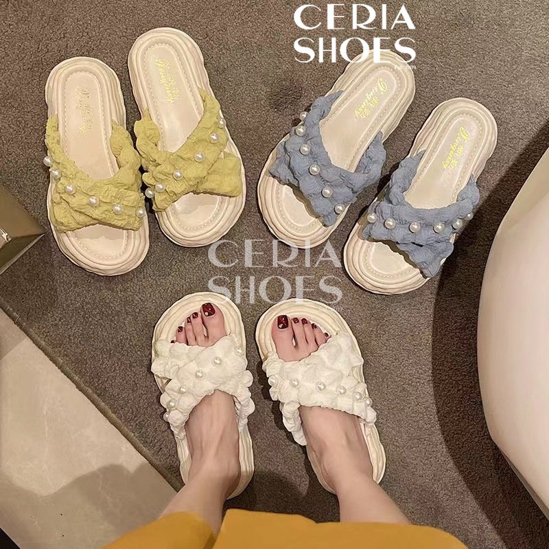 PVC Sandal Slop Wanita Jelly Import Motif Kain Mutiara Bahan LEntur Empuk Tebal Non-Slip Sole Super Soft Cross Cake