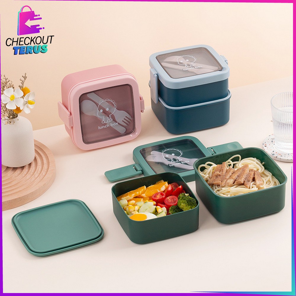 CT C695 Tempat Makan 2 Susun Stackable BPA FREE Kotak Bento Tingkat Dengan Sendok Garpu Set Portable Lunch Box Set