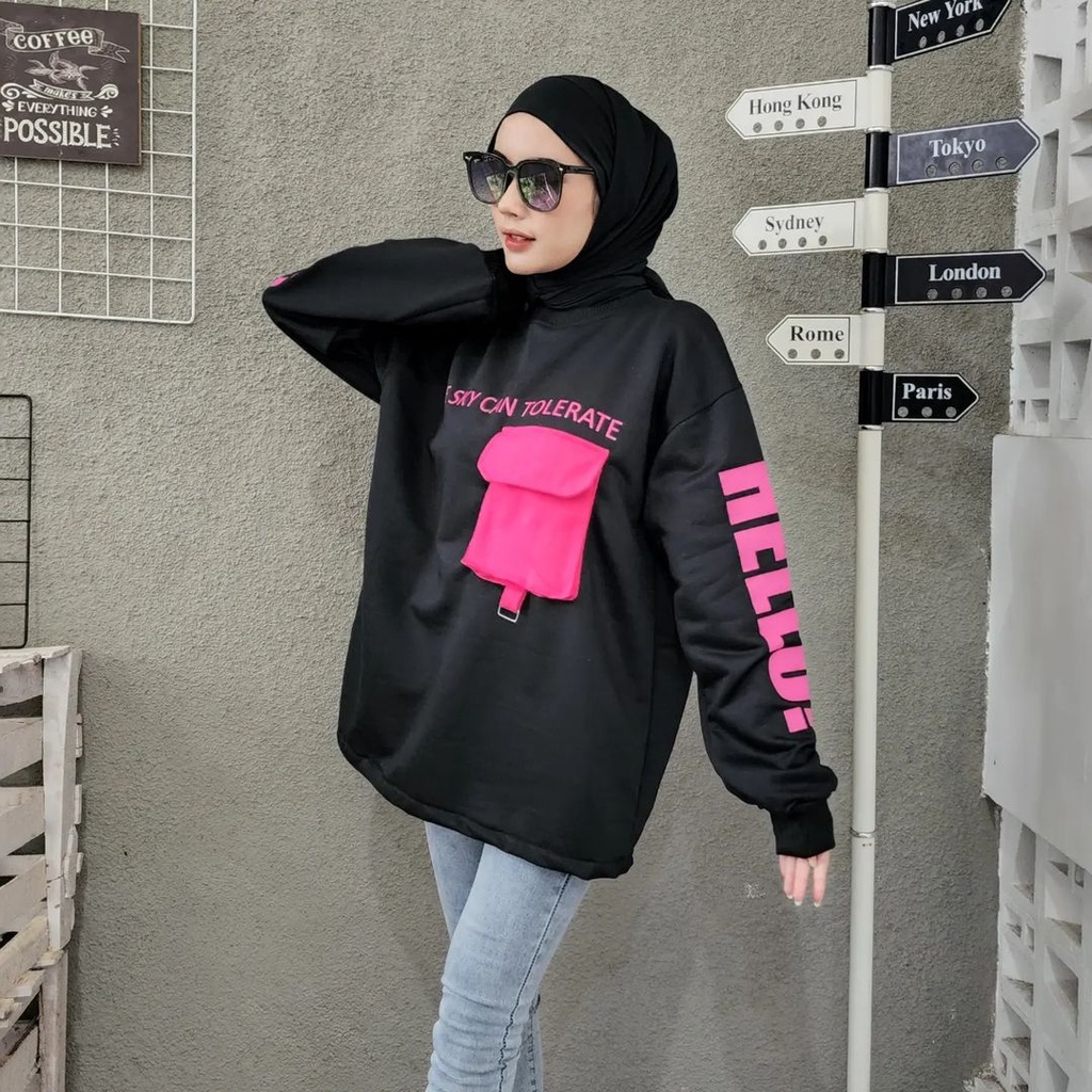 HELLO POCKY Sweater Crewneck Oblong Wanita Oversize Bersaku Pakaian Blouse Fashion Terkini Ala Korean Style Kasual Terbaru