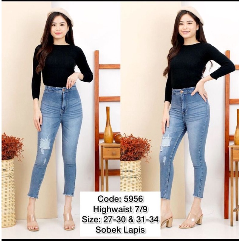 CELANA JEANS 7/9 HIGHWAIST BIRU MUDA SOBEK LAPIS TIDAK TEMBUS BAHAN SOFTJEANS STRETCH MELAR SIZE 27-