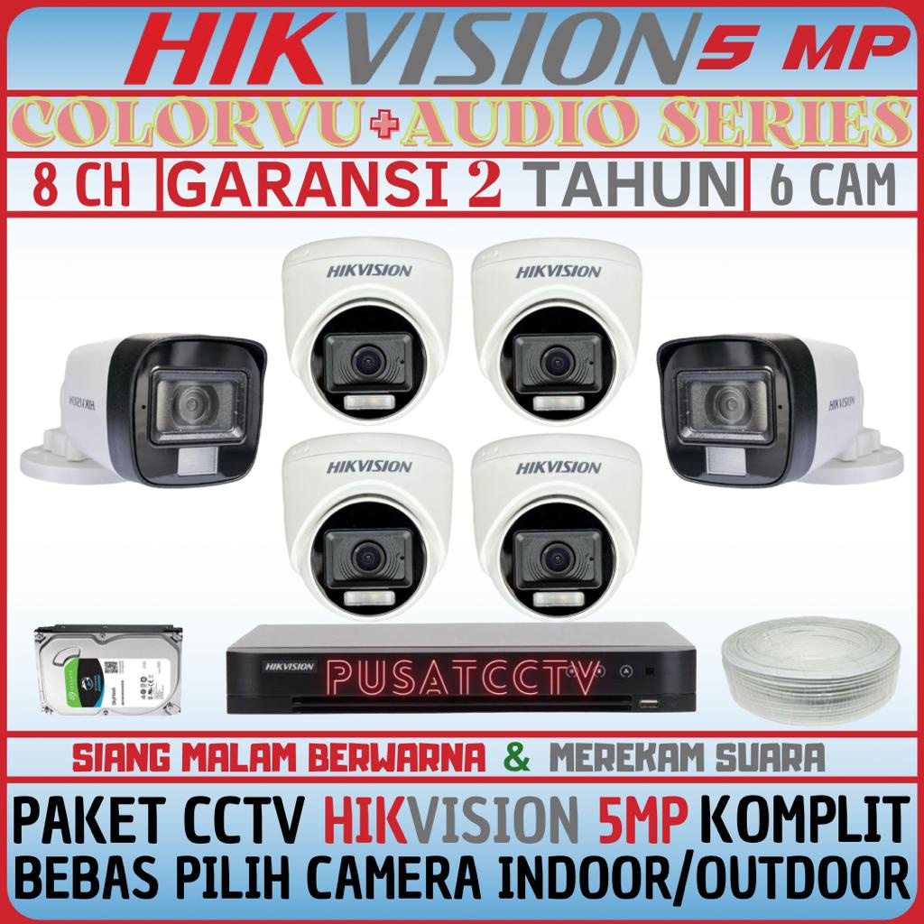 PAKET CCTV HIKVISION 5MP 8 CHANNEL 6 CAMERA TURBO HD KOMPLIT SIANG MALAM BERWARNA DAN REKAM SUARA