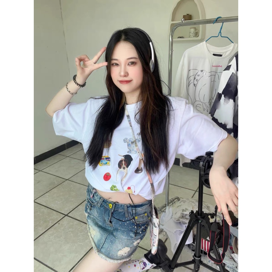 EUNII T-shirt Lengan Pendek Kartun stiker Pencetakan Longgar Korean Style/Kaos Atasan Wanita/Baju Kaus Oversize Wanita