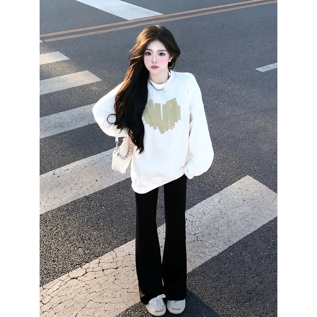 EUNII Sweater Lengan Panjang Graffiti Love Korean Style/Hoodie Oversize/Baju Wanita/Switer Wanita