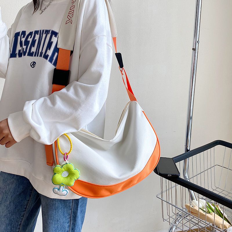 ◑◐﹍Tas Kanvas Tas Messenger Wanita Vitalitas Orange Warna Kontras Mahasiswa Tas Kain Bahu Dumpling Bag Tote Bag