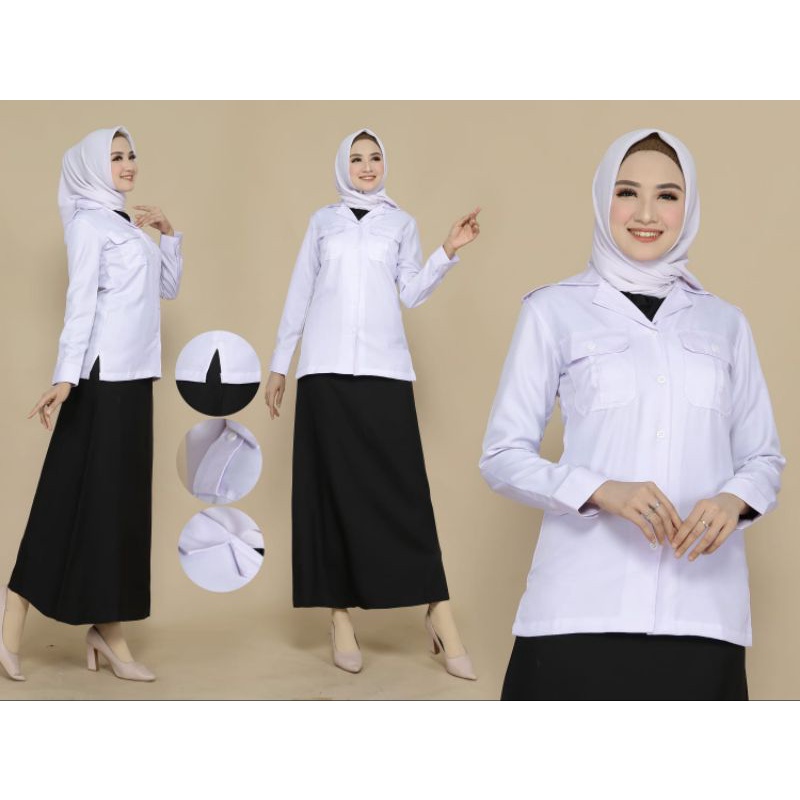 SETELAN BAJU PUTIH ASN KANTONG 2 TANPA FURING.SETELAN ROK HITAM A / SPAN / CELANA WANITA