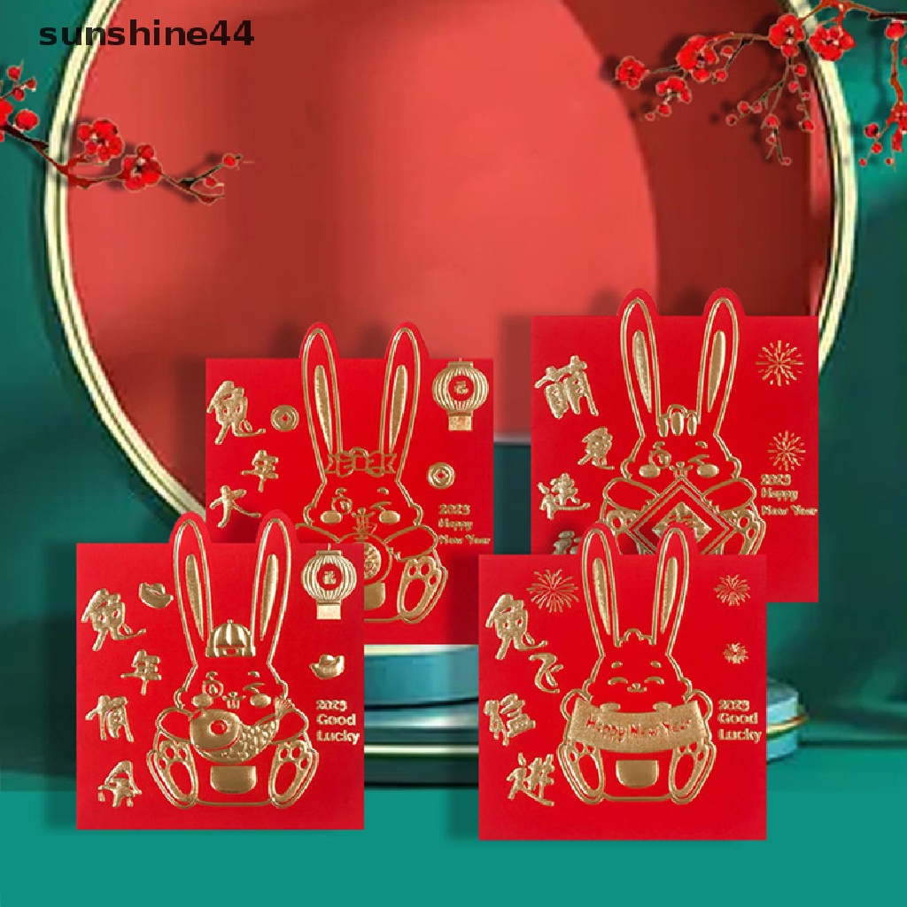 Sunshine 12Pcs Amplop Angpao Tahun Baru Cina / Imlek Gambar Kelinci Warna Merah Ukuran 2023