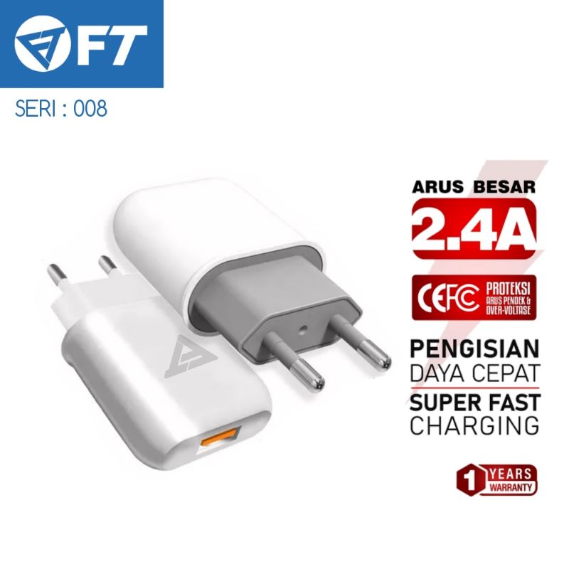 【FT 008】[GROSIR/COD] Charger 2.4A Single U Fisik Berat Original / Adaptor Charger / Kepala Charger - GARANSI