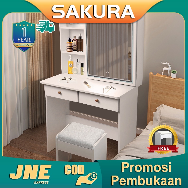 Weyon Sakura meja rias/meja rias Minimalis/meja rias Kecil/meja rias murah/meja rias Dinding/Gaya Kaca Putih+Cermin rias LED ekstra besar + bangku meja rias gratis（D17E）