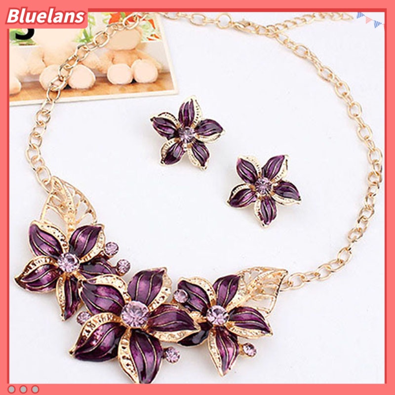 Bluelans Fashion Women Rhinestone Flower Statement Pendant Necklace Earrings Jewelry Set