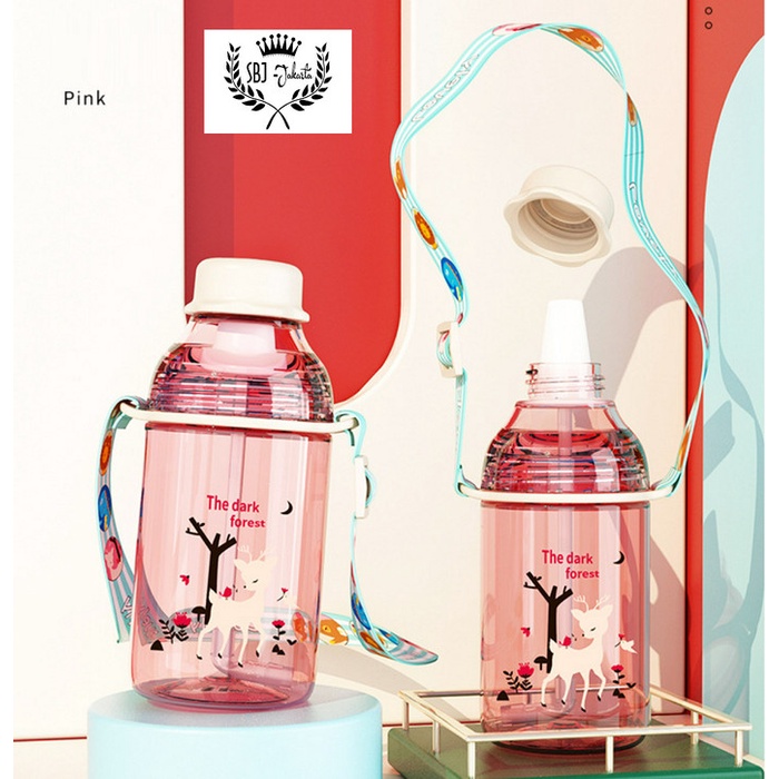 tempat minum anak TRITAN 100% BPA FREE CUTE LITTLE 400ML TALI & SEDOTAN - PINK-RUSA O8Y2 botol minum