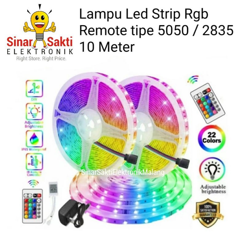 Lampu Led Strip Rgb Remote warna warni 10m 10 meter anti air adaptor 2835 5050