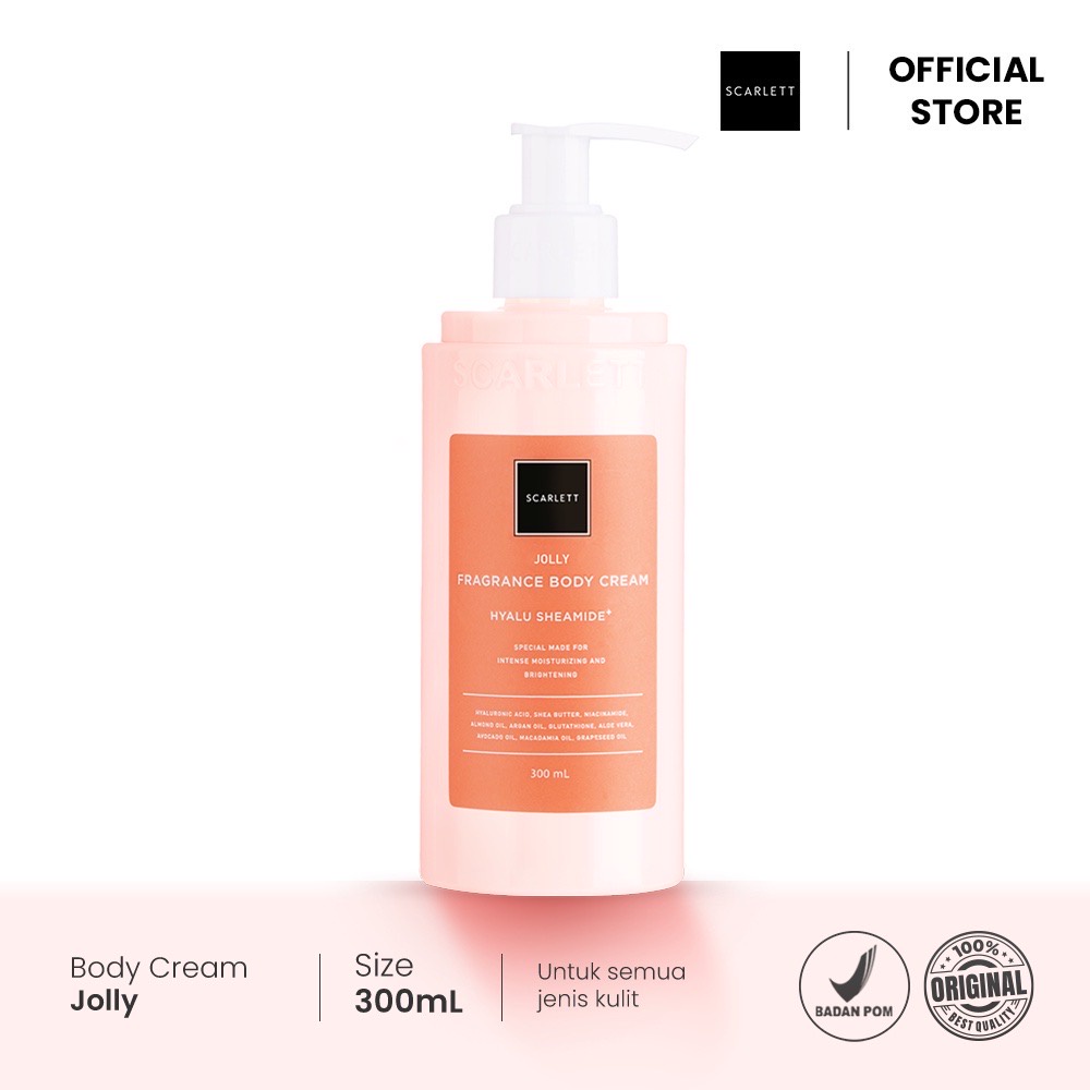 SCARLETT Whitening Fragrance Body Cream Jolly Indonesia / 300ml / Hyalu Sheamide / Special Made For Intense Moisturizing And Brightening / Body Care / Perawatan Kulit Tubuh / Moisturizer Pelembab Parfum / Serum Lotion / Skincare Series Package Paket Set