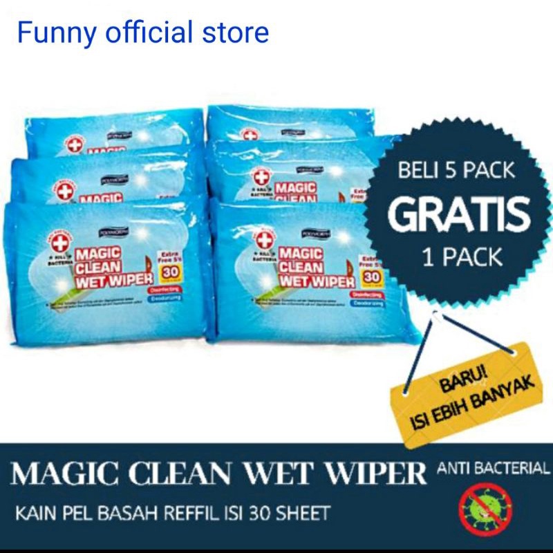 ( PAKET 6 PACK ) MAGIC CLEAN WET WIPER 21x28CM / TISU BASAH PEMBERSIH LANTAI 30&quot;S