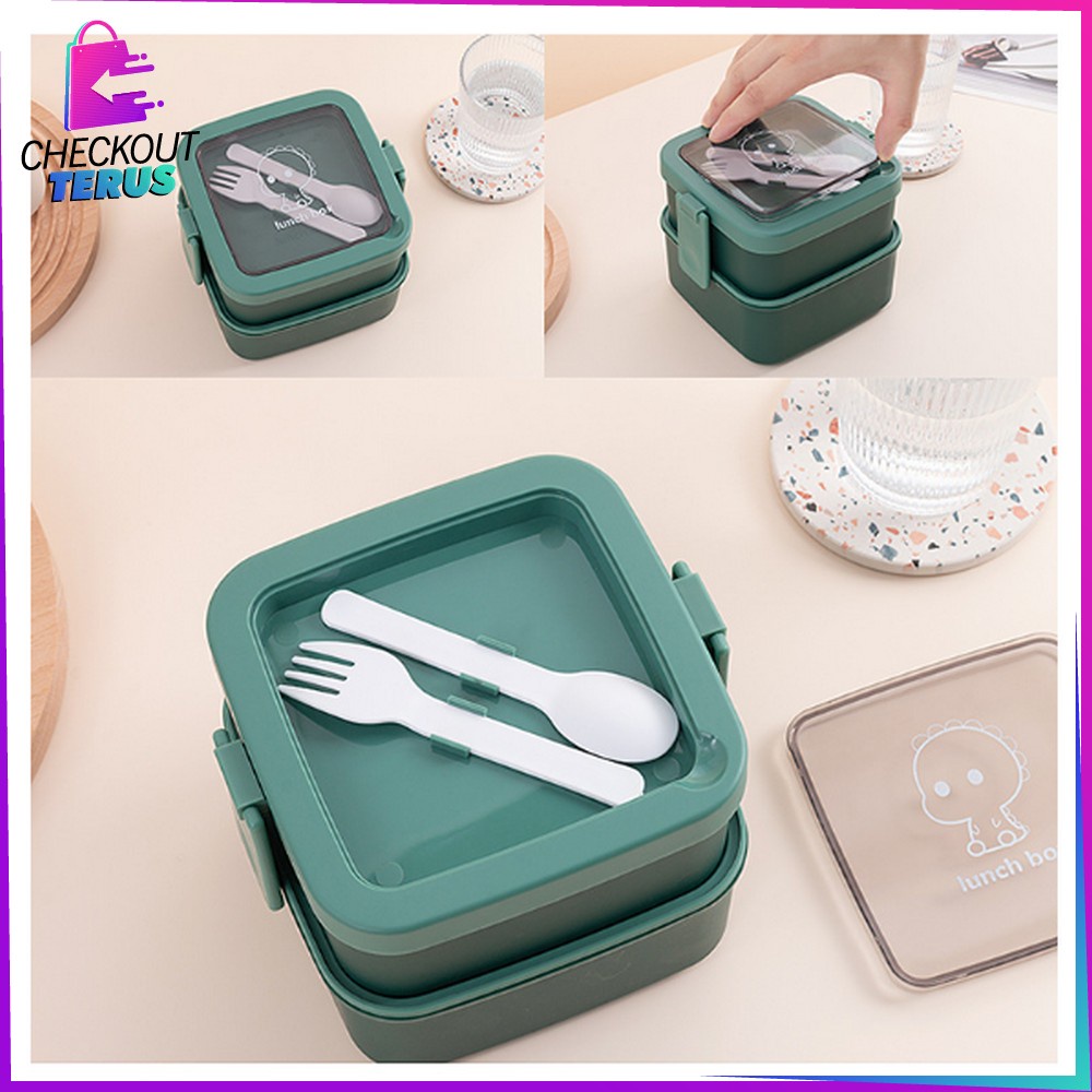 CT C695 Tempat Makan 2 Susun Stackable BPA FREE Kotak Bento Tingkat Dengan Sendok Garpu Set Portable Lunch Box Set