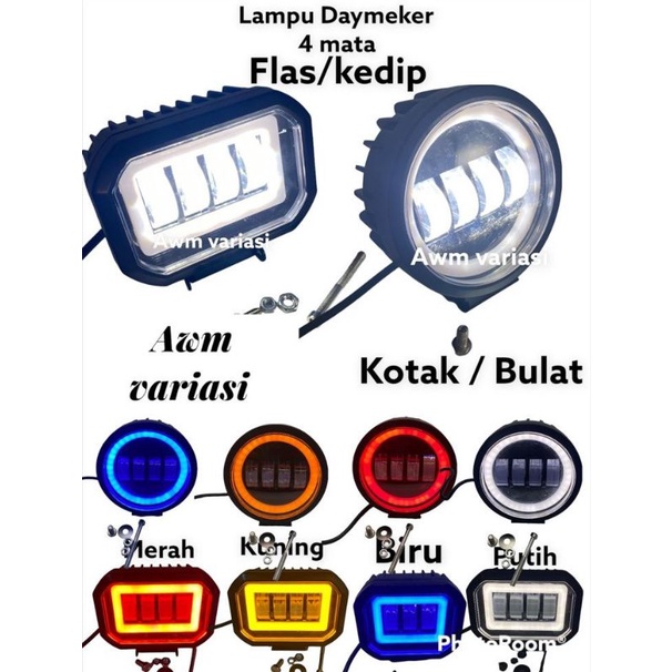 Lampu Tembak sorot 4mata LED - Lampu Tembak Daymaker 4 mata - Kotak Bulat + senja - Diam &amp; Kedip Body Plastik