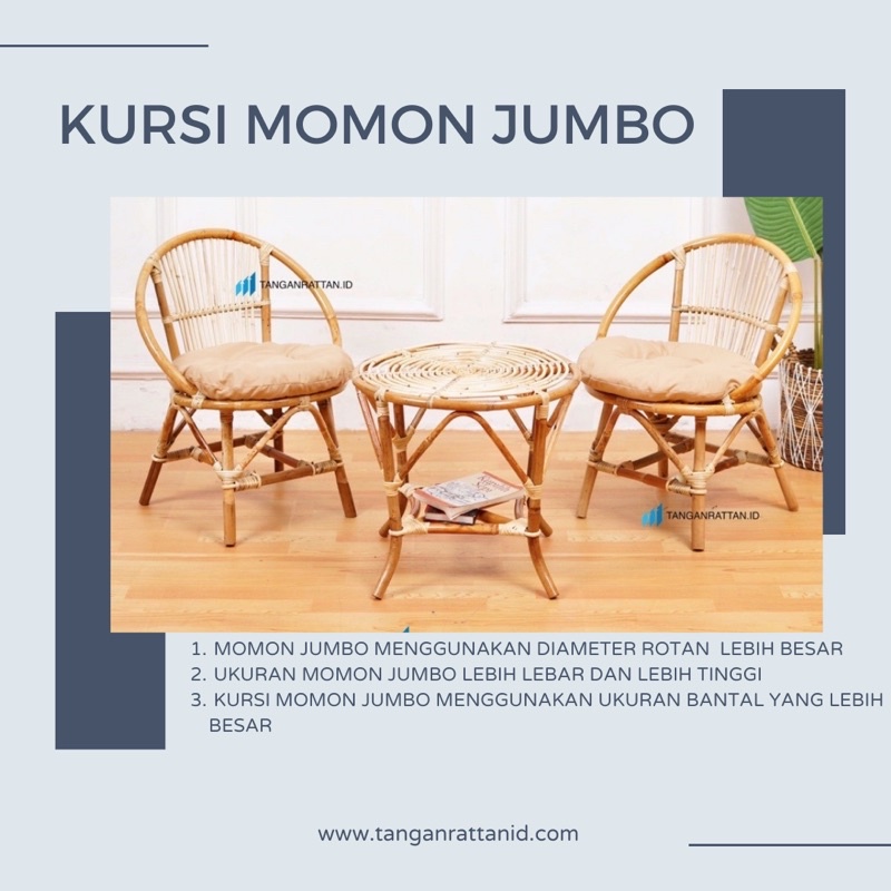 BIG SIZE - KURSI TERAS MOMON ROTAN UKURAN BESAR DAN MEJA 1 SET BANTAL / KURSI TERAS TAMU ROTAN ASLI FINISHING