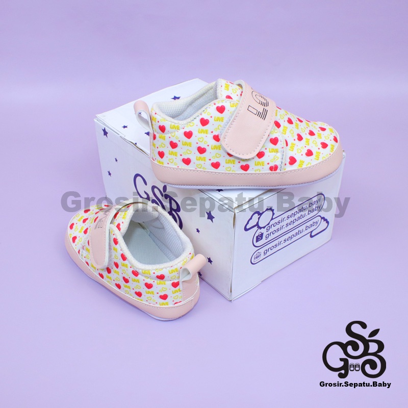 Prewalker - Sepatu Bayi - Baby Shoes | 2-12 bulan | motif LOVE Pink ringan &amp; fleksibel