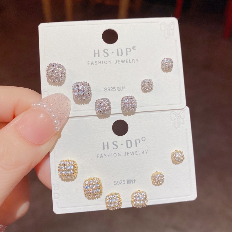 6pcs / Set Anting Tusuk / Stud Bentuk Kotak Dengan Berlian Imitasi Inlaid Untuk Wanita