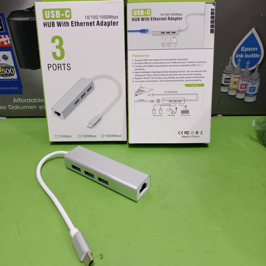 USB Type C to LAN with USB Hub 3Port USB 3.0 Adapter Multi Function