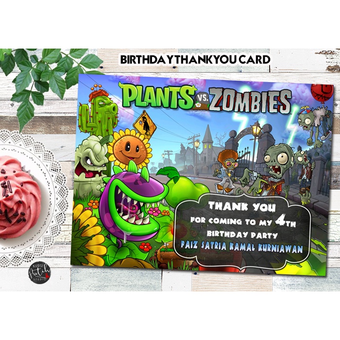 Birthday thank you card tema plants vs zombie pvz
