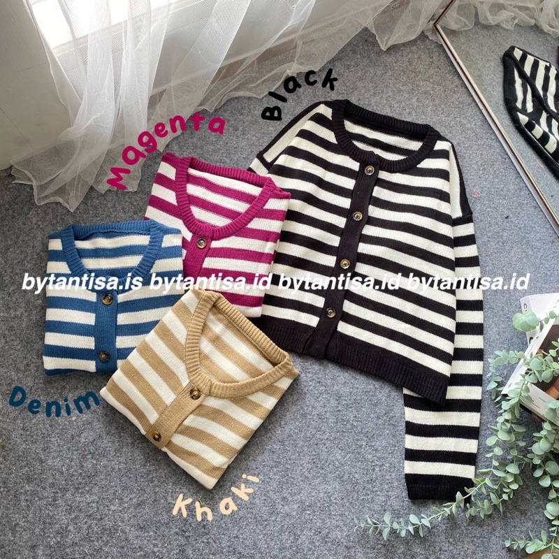 CARDIGAN CROP RAJUT MOTIF GARIS INDRI MODEL PENDEK