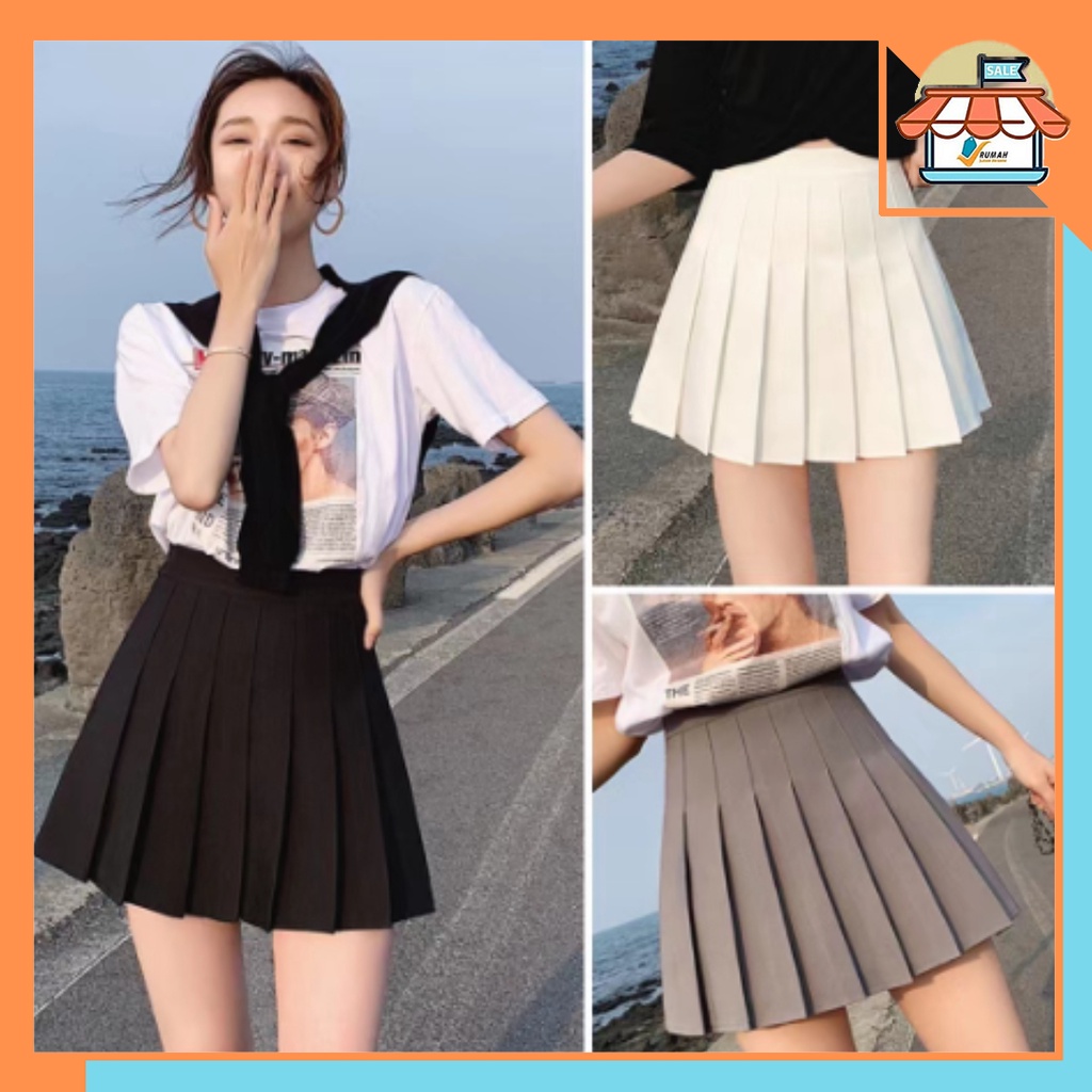 RSB RK258 Rok Pendek Mini Korean Women Mini Skirt Pleated Plain Rok Pendek Polos Model Lipat (S-XXL)