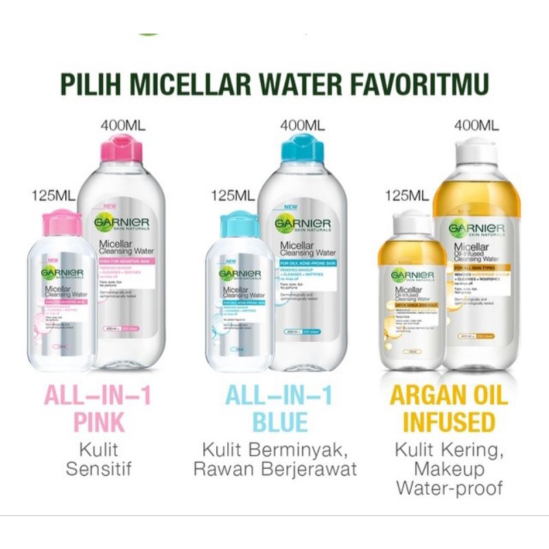 Garnier Micellar Water Blue Biru / Pink / Vitamin C 125ml &amp; 400ml