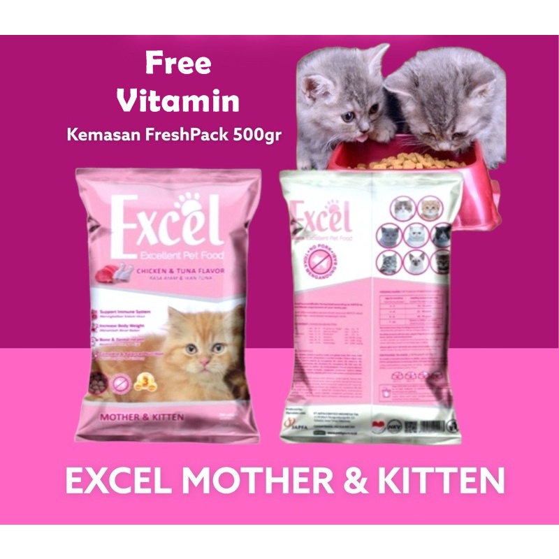 Excel Mother and Kitten Freshpack Free Vitamin 500Gr Makanan Kucing Ibu dan anak