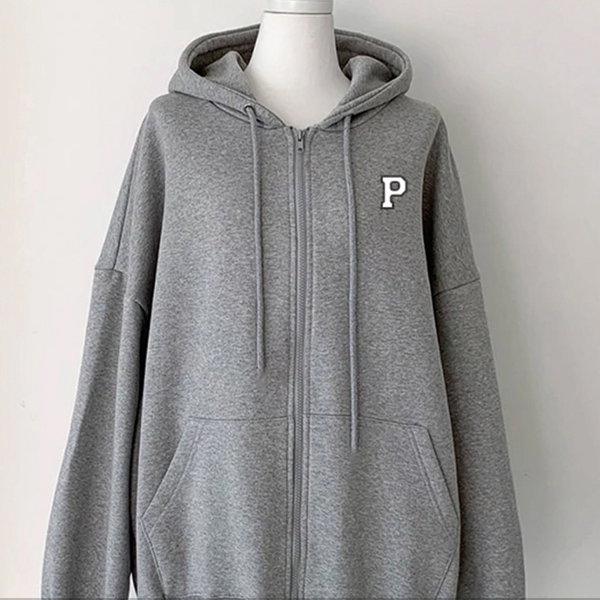 Hoodie Zipper initial P | Oversize Korean Style Jumper | Bahan Fleece | Size XXL