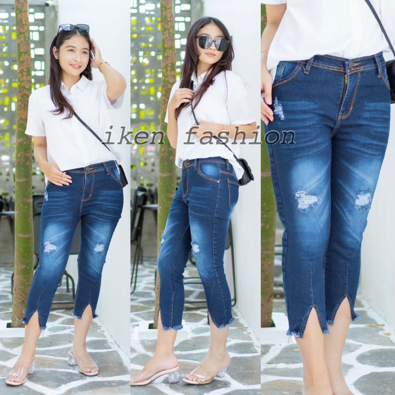 CELANA JEANS 7/9 WANITA SOBEK BELAH LAPIS FURING // NAIRA RIPPED JEANS 7/9 SOBEK