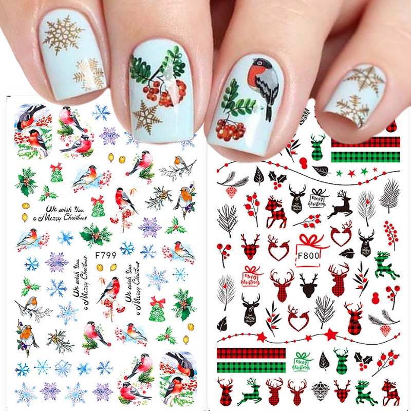 1 Lembar Stiker Kuku 3D Desain Snowflake Snowman Rusa Daun Natal Tahan Air Untuk Dekorasi Nail Art