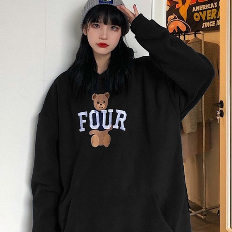 Hoodie Bear Four Oversize Pria Dan Wanita Terbaru Bahan Fleece Adem dan Lembut