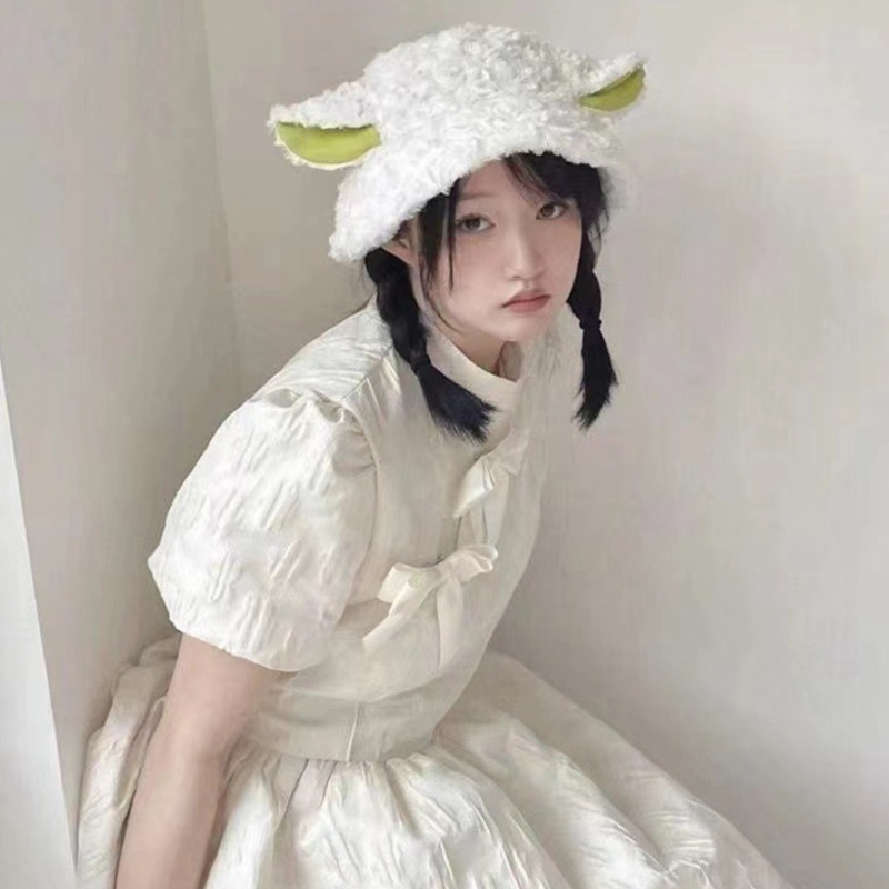 Topi Bucket Desain Telinga Domba Bahan Bulu Lembut Hangat Untuk Kostum Cosplay