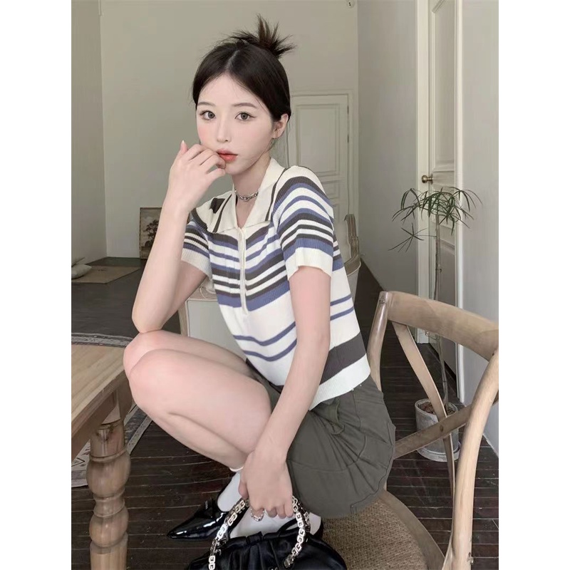 YIU YIU Rajut - Korean Atasan Rajut Stripe Wanita Lengan Pendek