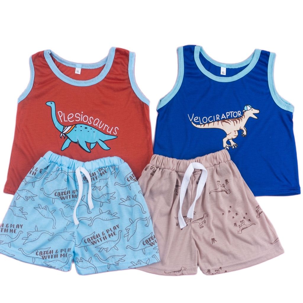 ZASKIYA - SETELAN DINO SET BAJU TIDUR SINGLET ANAK COWOK / SETELAN ANAK SINGLET UNISEX / SLEEVELES DINO SET