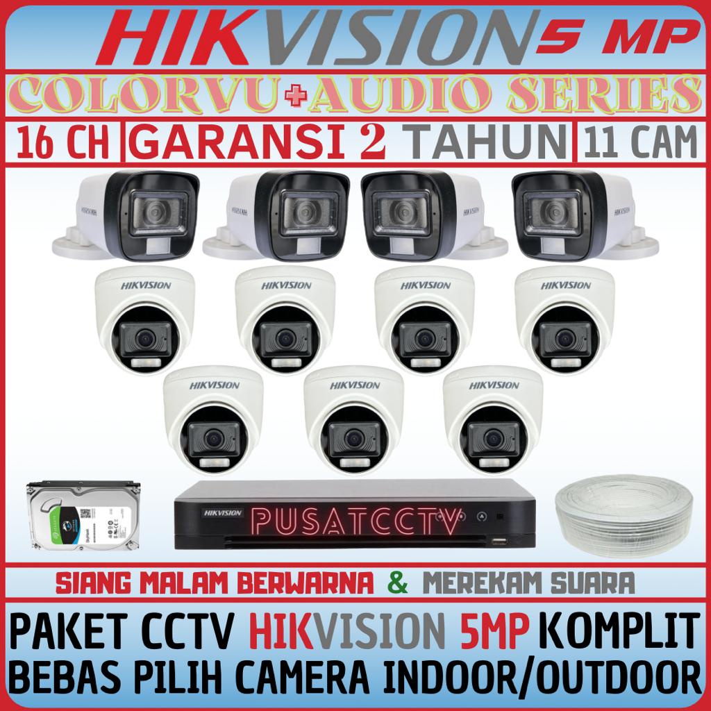 PAKET CCTV HIKVISION 5MP 16 CHANNEL 11 CAMERA TURBO HD KOMPLIT SIANG MALAM BERWARNA DAN REKAM SUARA