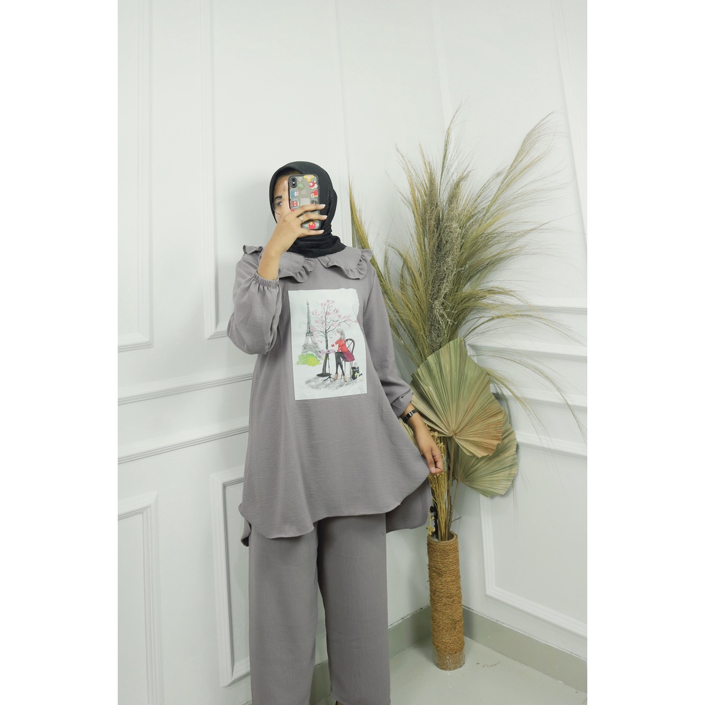 SAKURA SET BAHAN CRINKLE APLIKASI SABLON UKURAN M L XL XXL SETELAN TERBARU WANITA 2022 KEKINIAN ONE SET JUMBO WANITA KOREAN STYLE SET HITAM CELANA DAN ATASAN FASHION MUSLIM