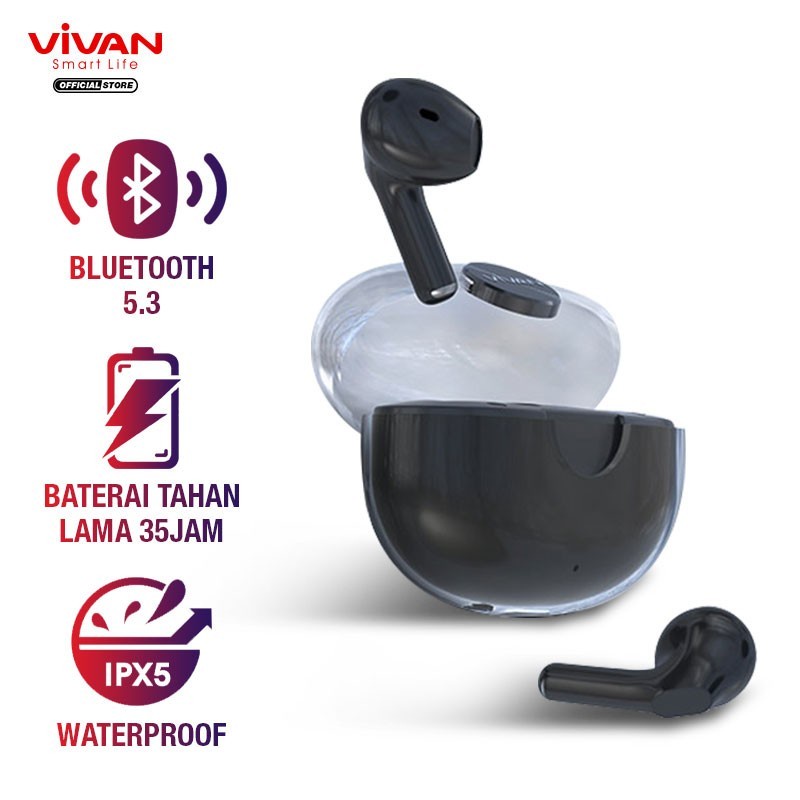 VIVAN Headset Bluetooth TWS Infinity GT1 Bluetooth 5.3 Earbuds Waterproof 35 Jam Play Time - Garansi