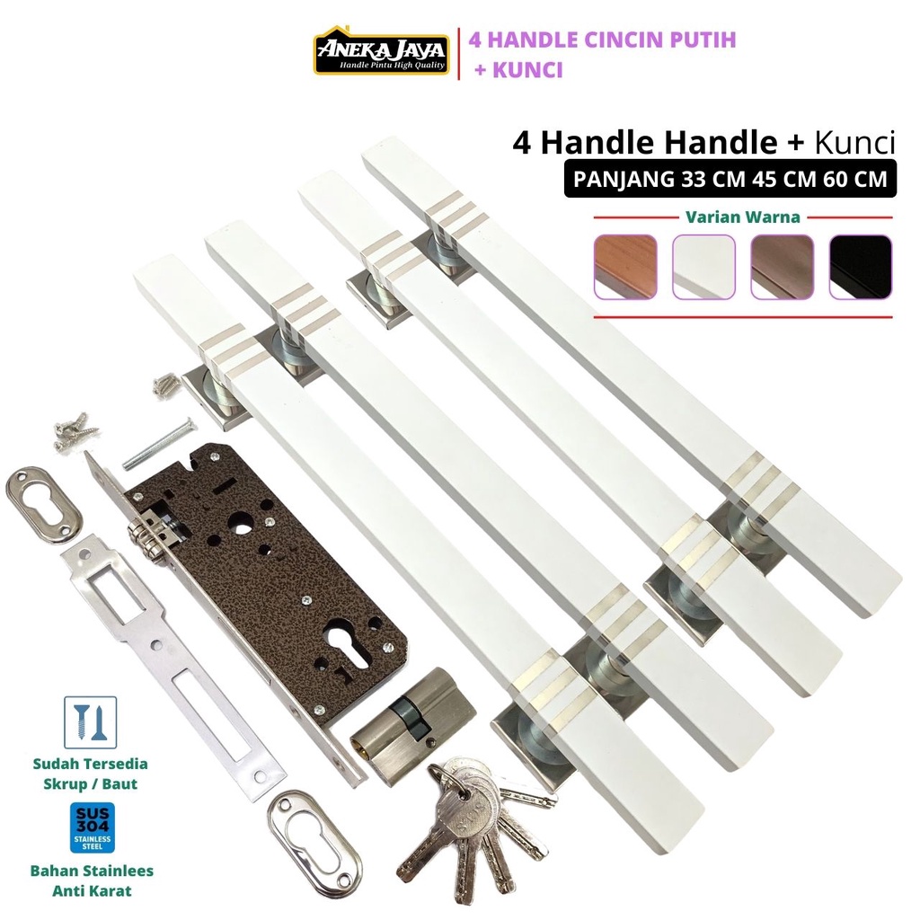 Paket 4 Handle Pintu Rumah Body Kunci Panjang 60 cm 45 33 Gagang Tarikan Pintu Depan Bahan Stainlees Warna Natural Hitam Putih Maroon