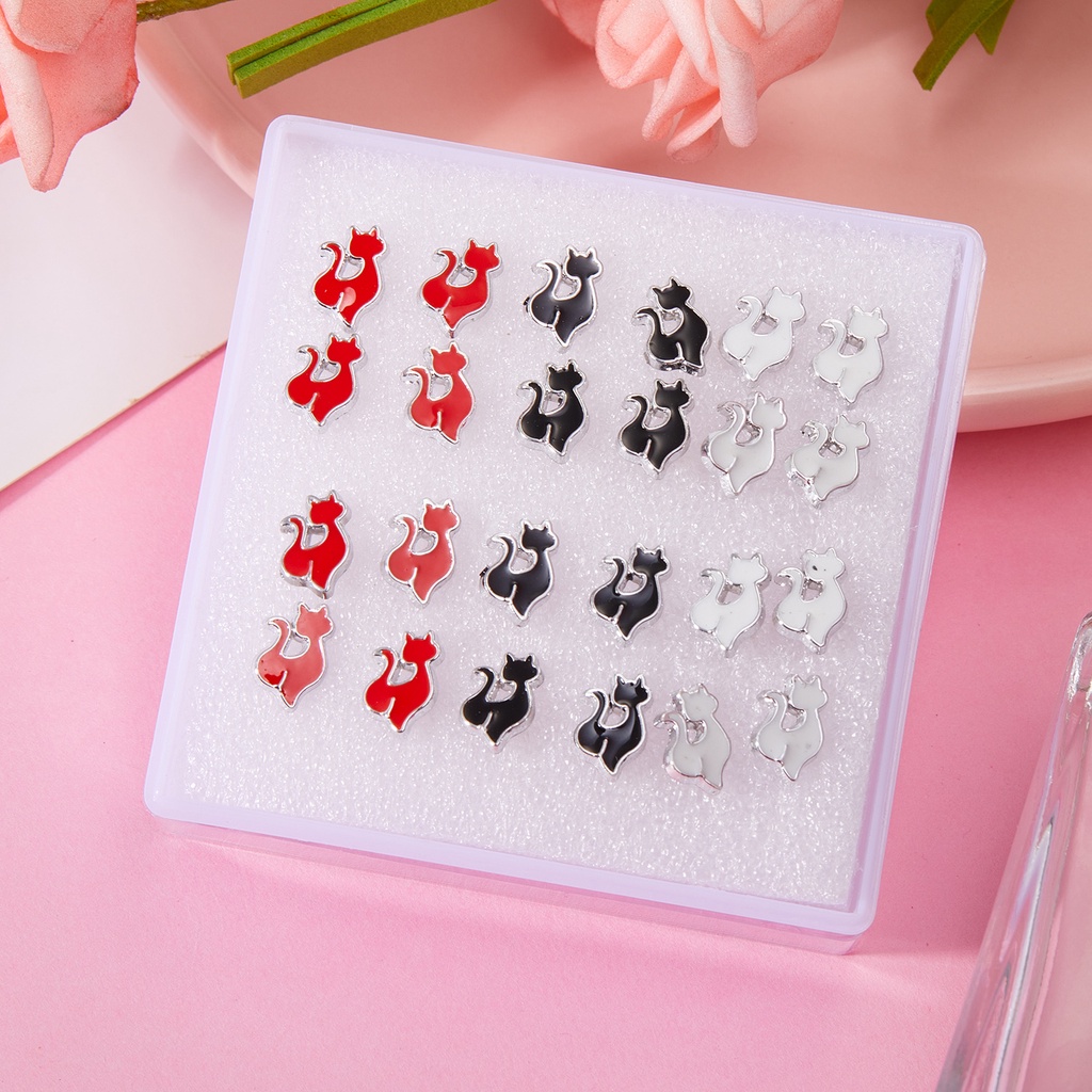 12 Pasang Anting Tusuk Motif Salib / Kucing / Pohon Natal anti Radang Untuk Wanita