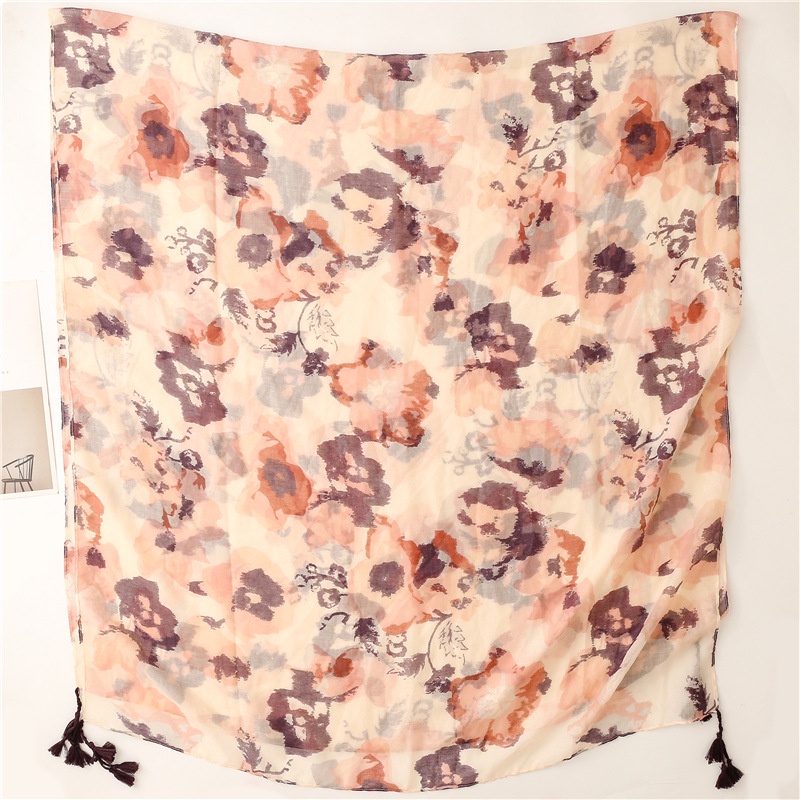 ITSFRIDAY VENA Scraf Premium Scarf Selendang Pashmina Syal Shawl Pasmina Hijab Import Motif Art Flower Cream Tassel