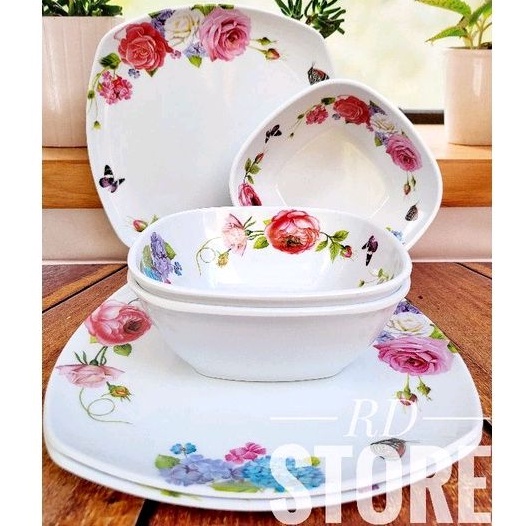 PROMO 4.PCS ISI / 2.PIRING KOTAK SAJI 2.MANGKOK KOTAK / MOTIF ROSE MELAMINE WARE TEBAL DAN KUAT