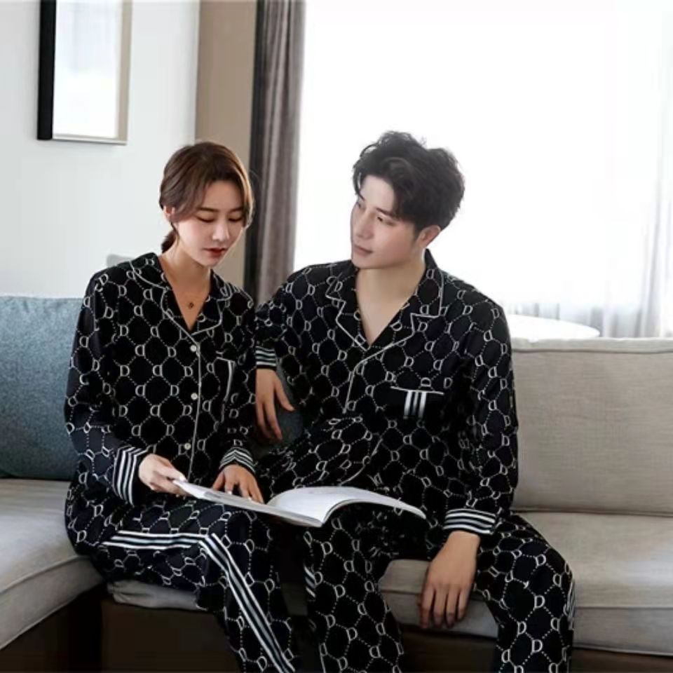 Panjang Pasangan Homewear Pola Geometris  pakai Sehari-hari Pria  Wanita   Sama  Fashion Sutra piyam