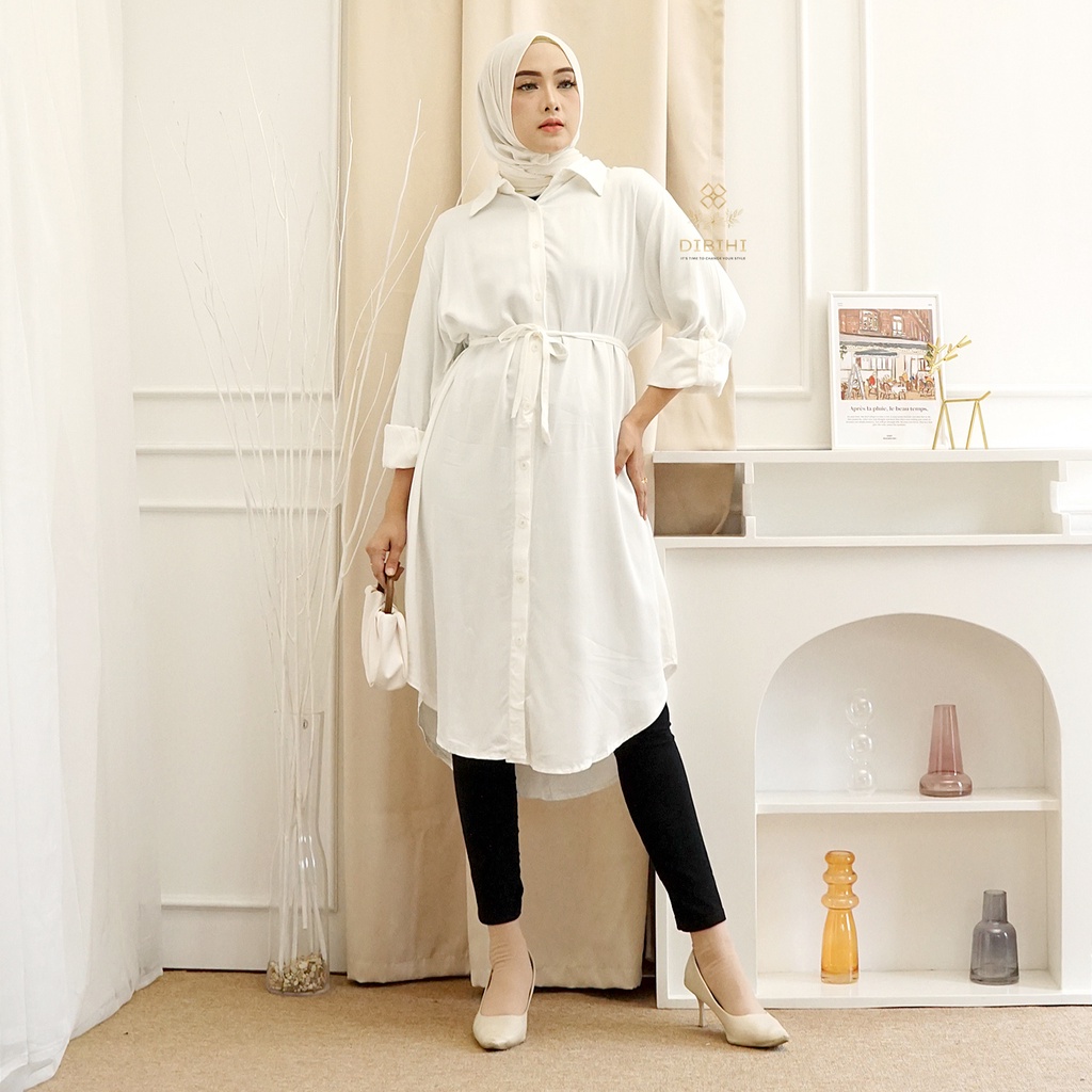 Baju Kemeja Long Tunik Muslim Putih Polos Lengan Panjang Wanita Bahan Import Rayon Premium