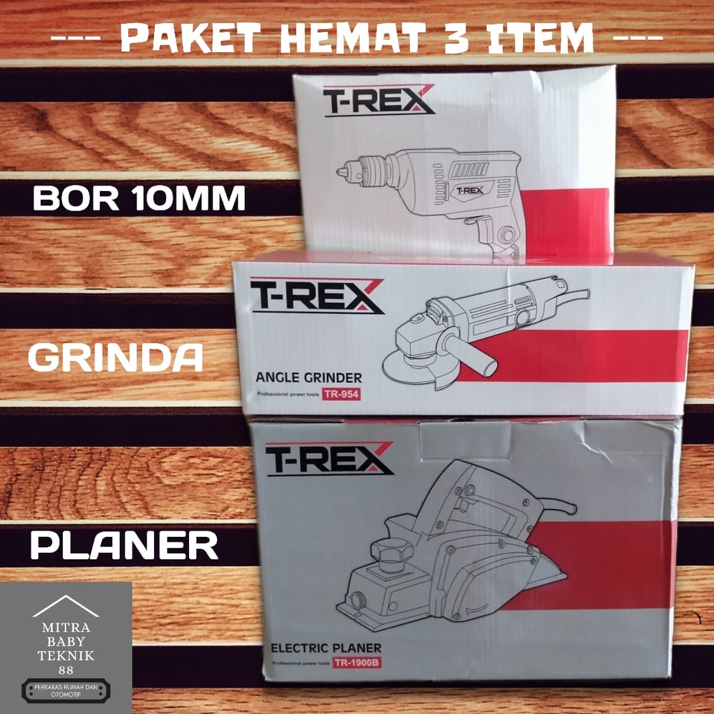 paket mesin tukang kayu lengkap MURAH !! 6 JENIS MESIN dari BOR 10MM / MESIN GURINDA ANGLE GRINDER / MESIN SERUT PLANNER / JIG SAW MESIN GERGAJI / ROUTER TRIMMER MESIN PROFIL / T-REX paket perkakas tukang kayu