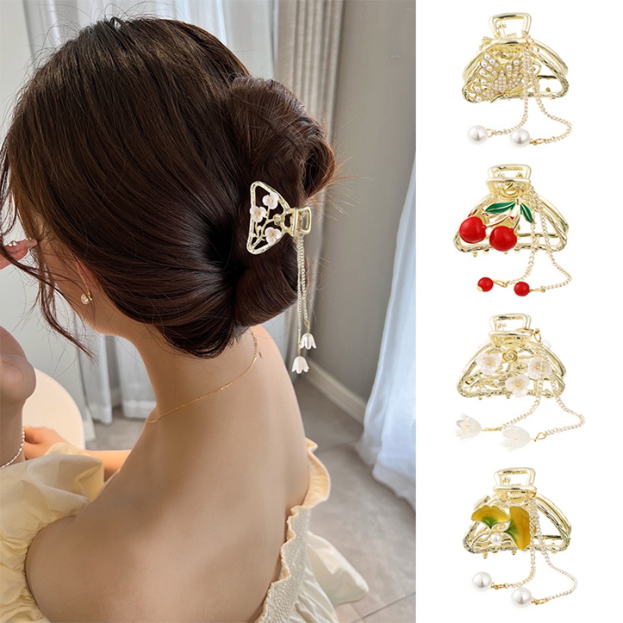 Aksesoris Jepit Rambut Model Rantai Rumbai Motif Bunga Aksen Mutiara Bahan Alloy Gaya Korea Untuk Wanita