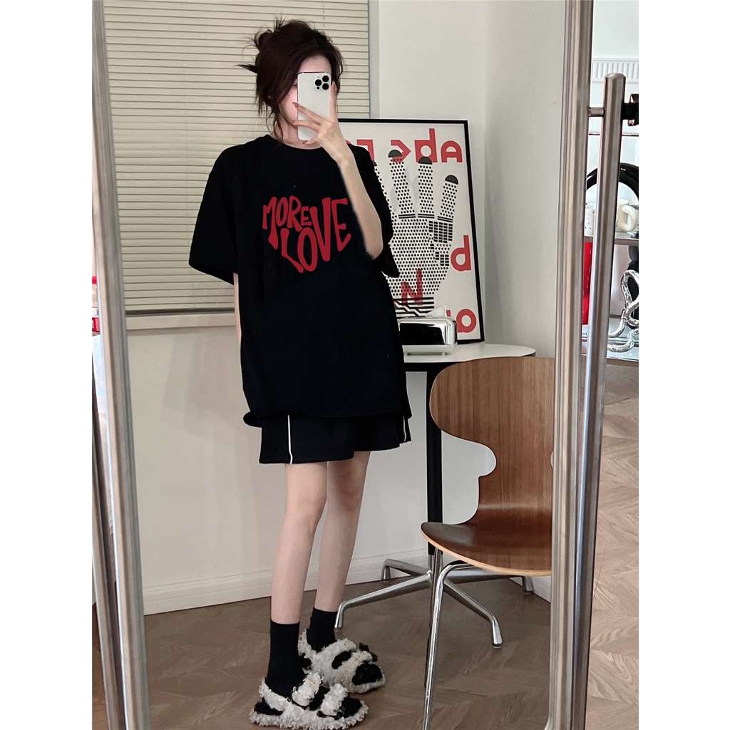 EUNII T-shirt Lengan Pendek Red Heart Korean Style/Kaos Atasan Wanita/Baju Kaus Oversize Wanita