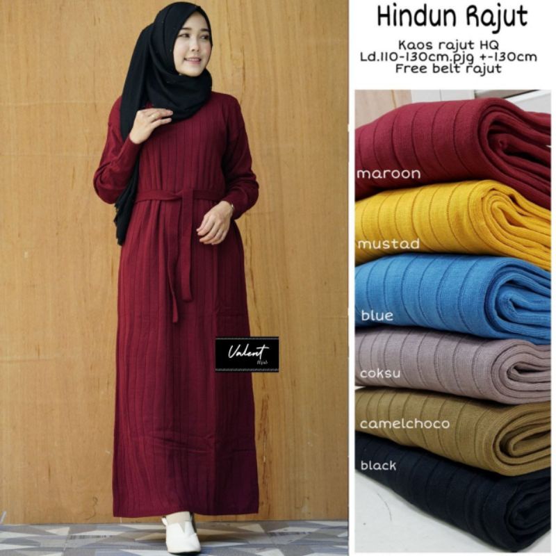 Valent Hijab Hindun Rajut Gamis Wanita Kaos Rajut Polos Jumbo Ld 110/130 Belt Pinggang