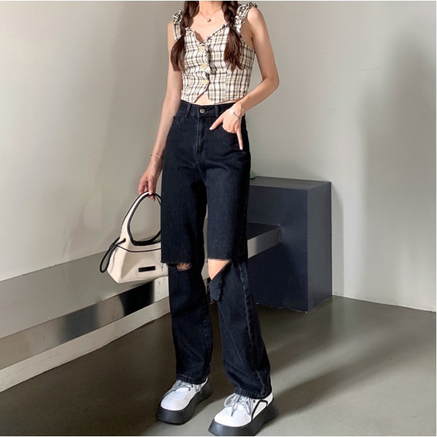 Hitam Import Fashion High Waist Robek Celana Jeans Panjang Wanita